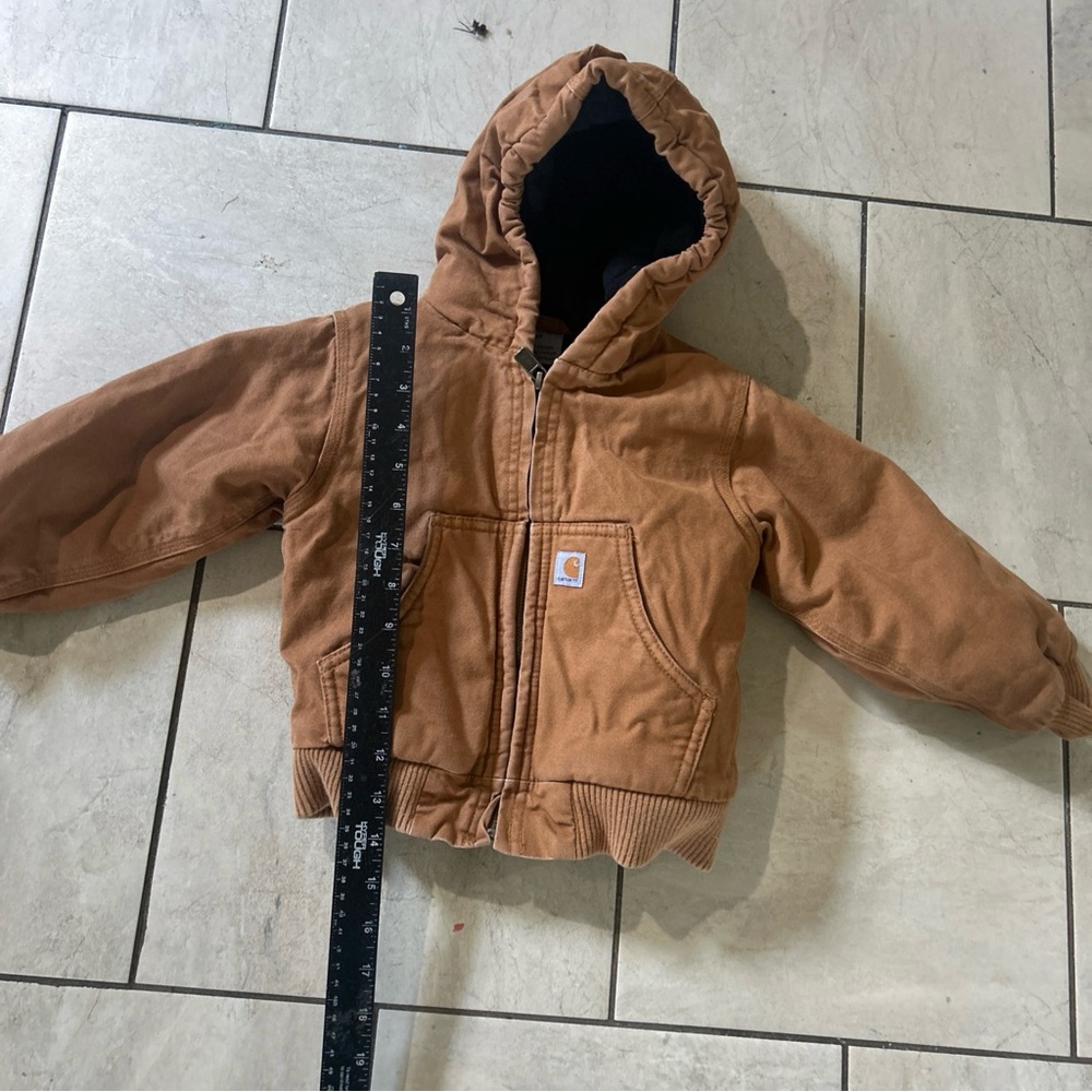 Carhartt Boys 2T Brown Canvas Hooded Quilted Lined Coat Jacket Full Zip Thrashed
